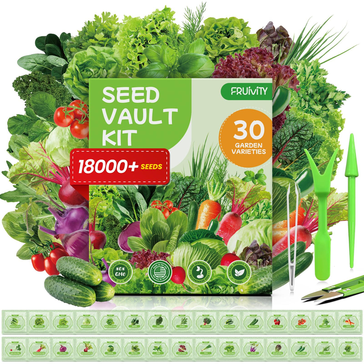 Fruivity 30-variety seed packaging shows non-GMO heirloom seeds for a rich harvest