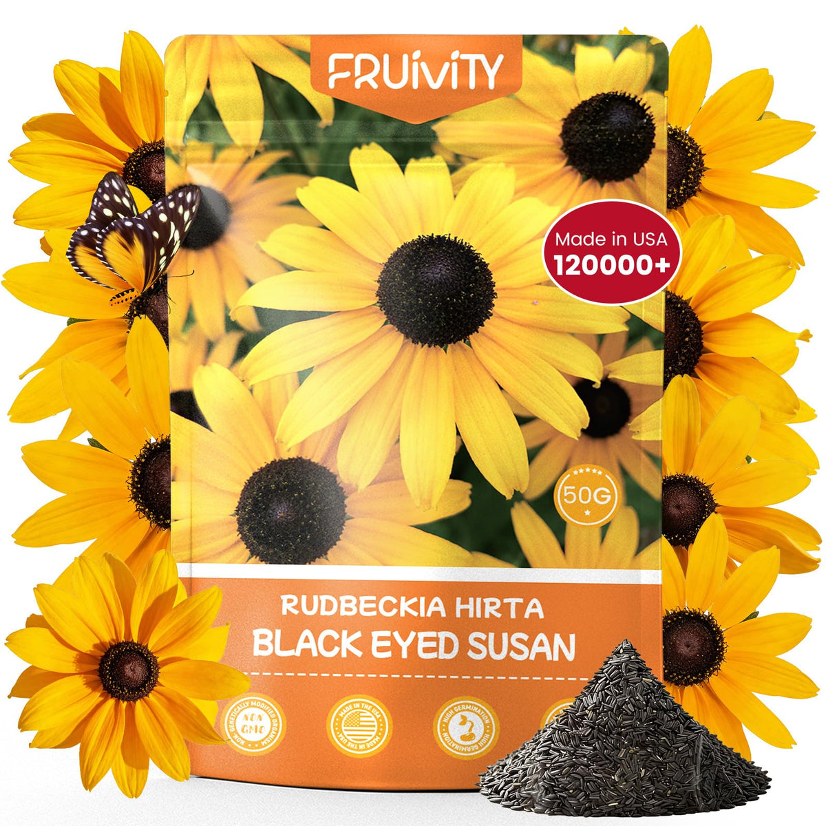 Fruivity black-eyed Susan seeds bulk package ready for beds and borders.