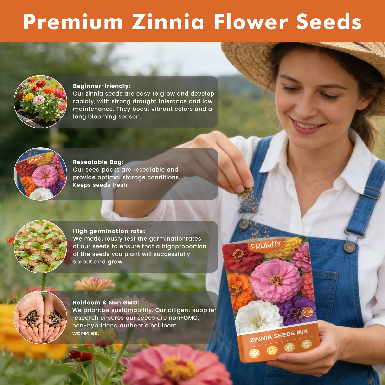 Fruivity Zinnia seeds shown as non-GMO heirloom variety for easy gardening.