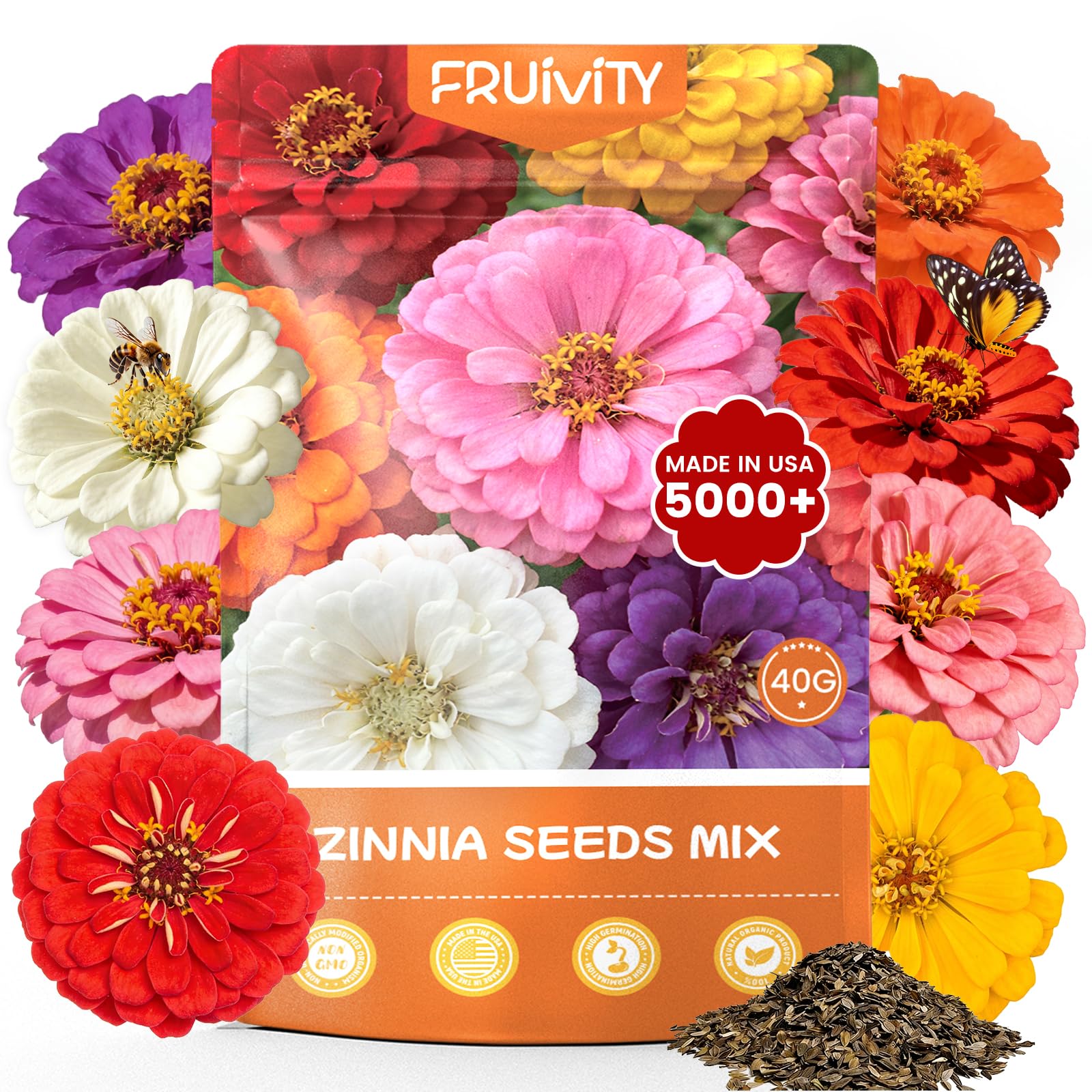 Fruivity Zinnia seeds in packaging front, ready for sowing and colorful borders.