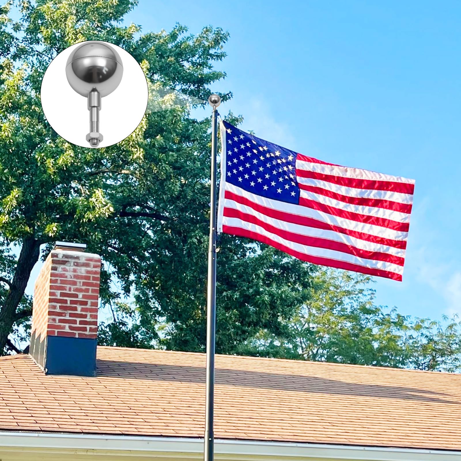 Frunke 3 inch ball head topper fits most flagpoles for quick upgrading.