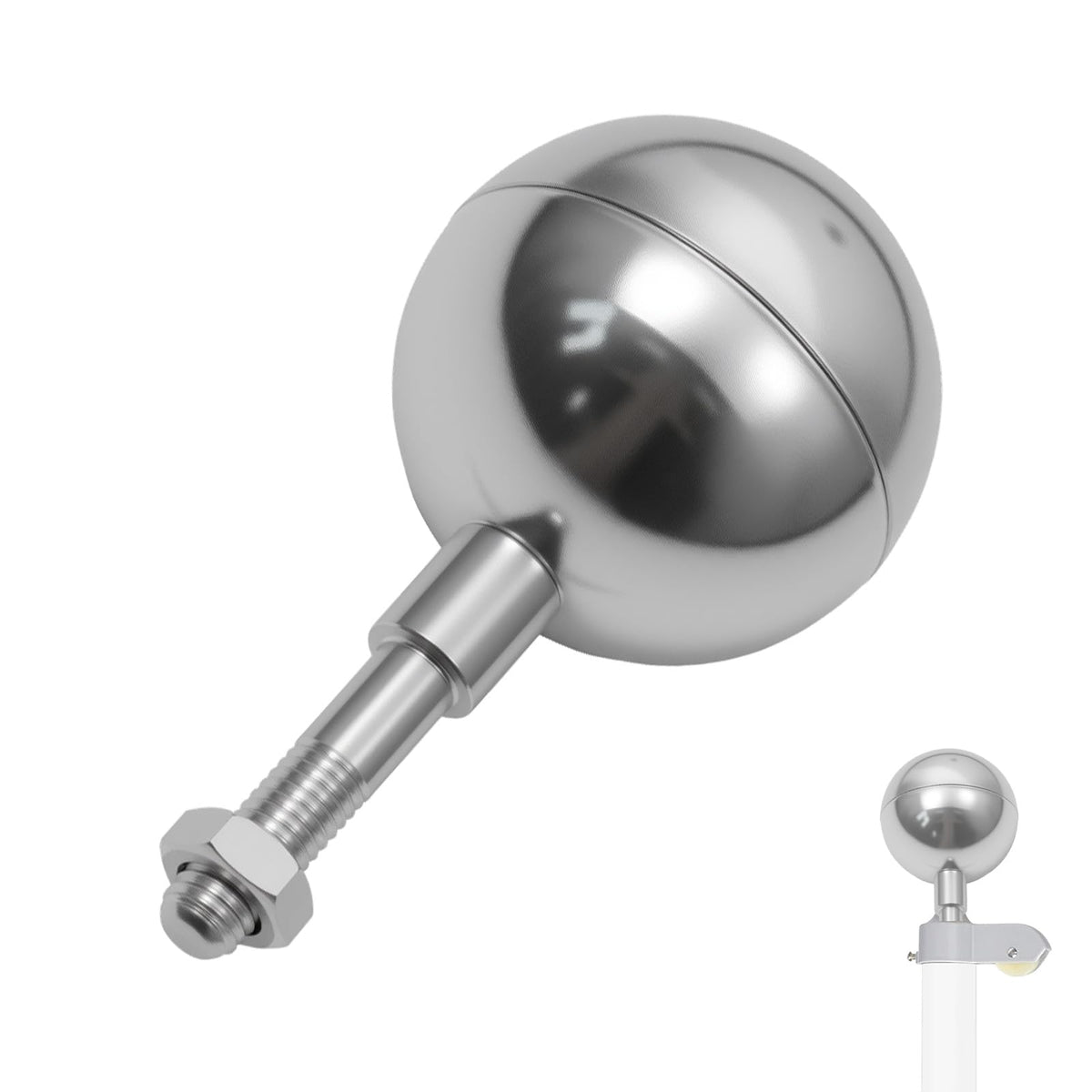 Frunke silver ball topper for outdoor flagpoles with durable weatherproof finish.