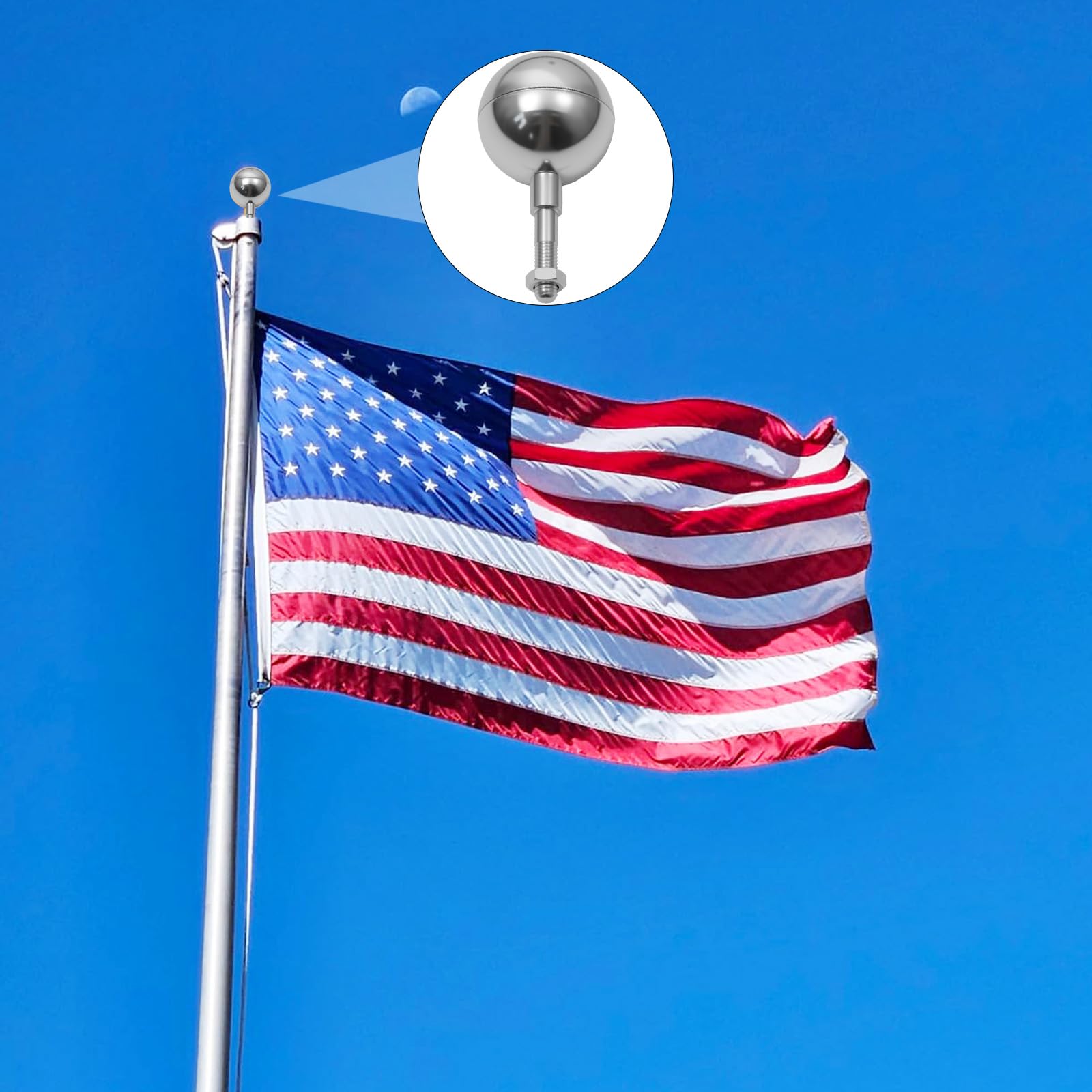 Frunke installation ready silver finial for easy mounting on standard flagpoles.