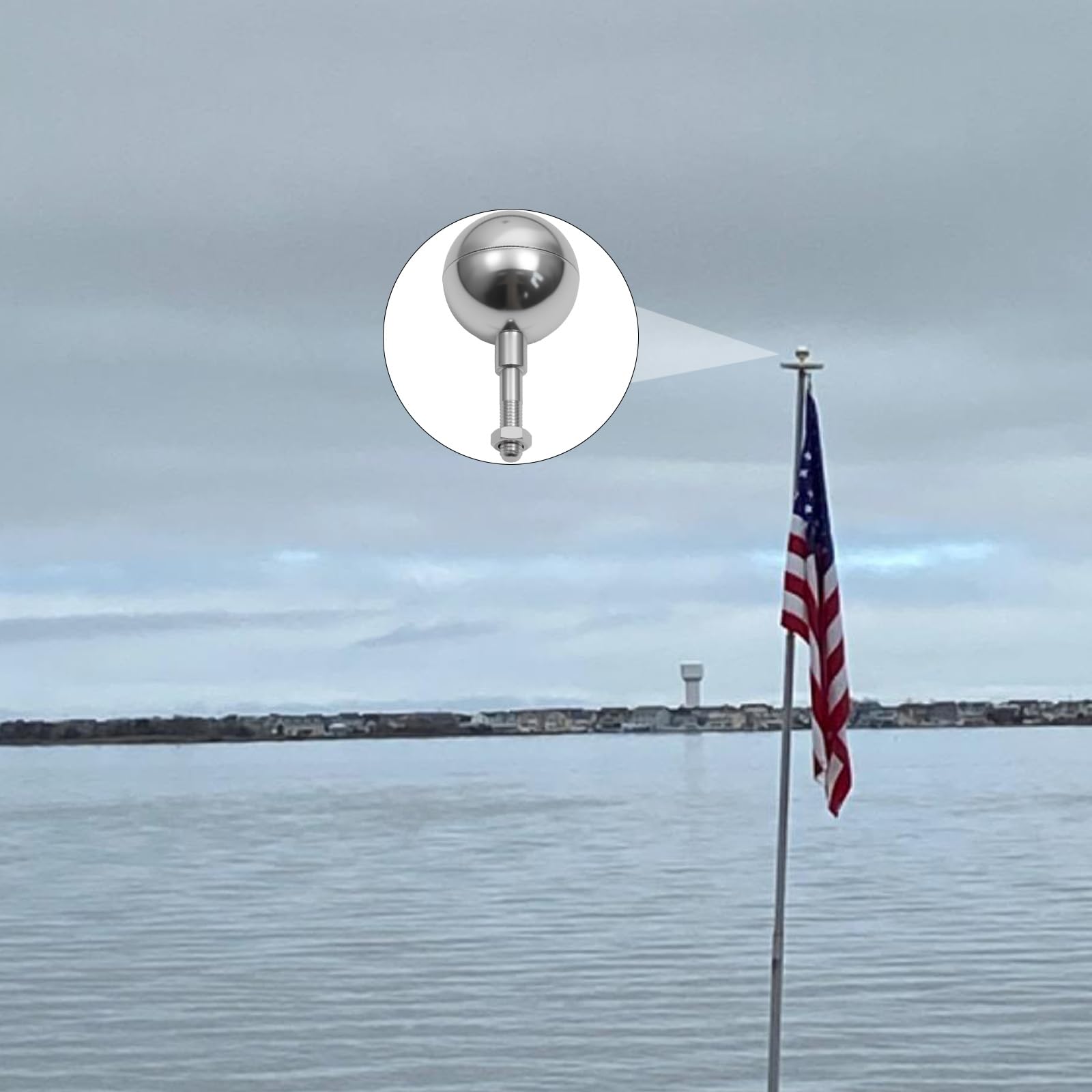 Frunke universal flagpole finial in glossy silver enhances visibility.