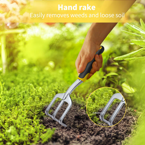 FrutPunch hand rake with non-slip grip aiding easy soil loosening
