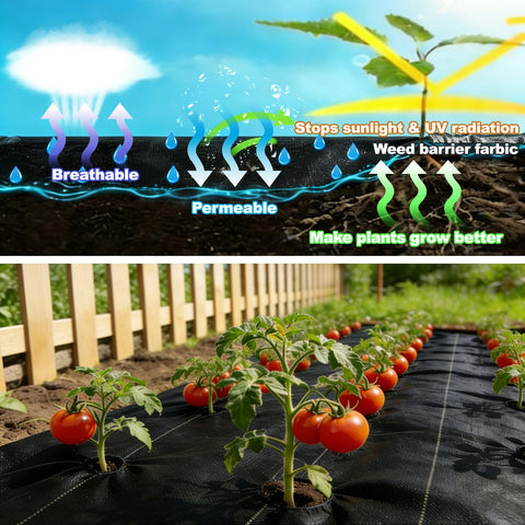 FrutPunch ground-cover fabric installed to keep garden beds clean.