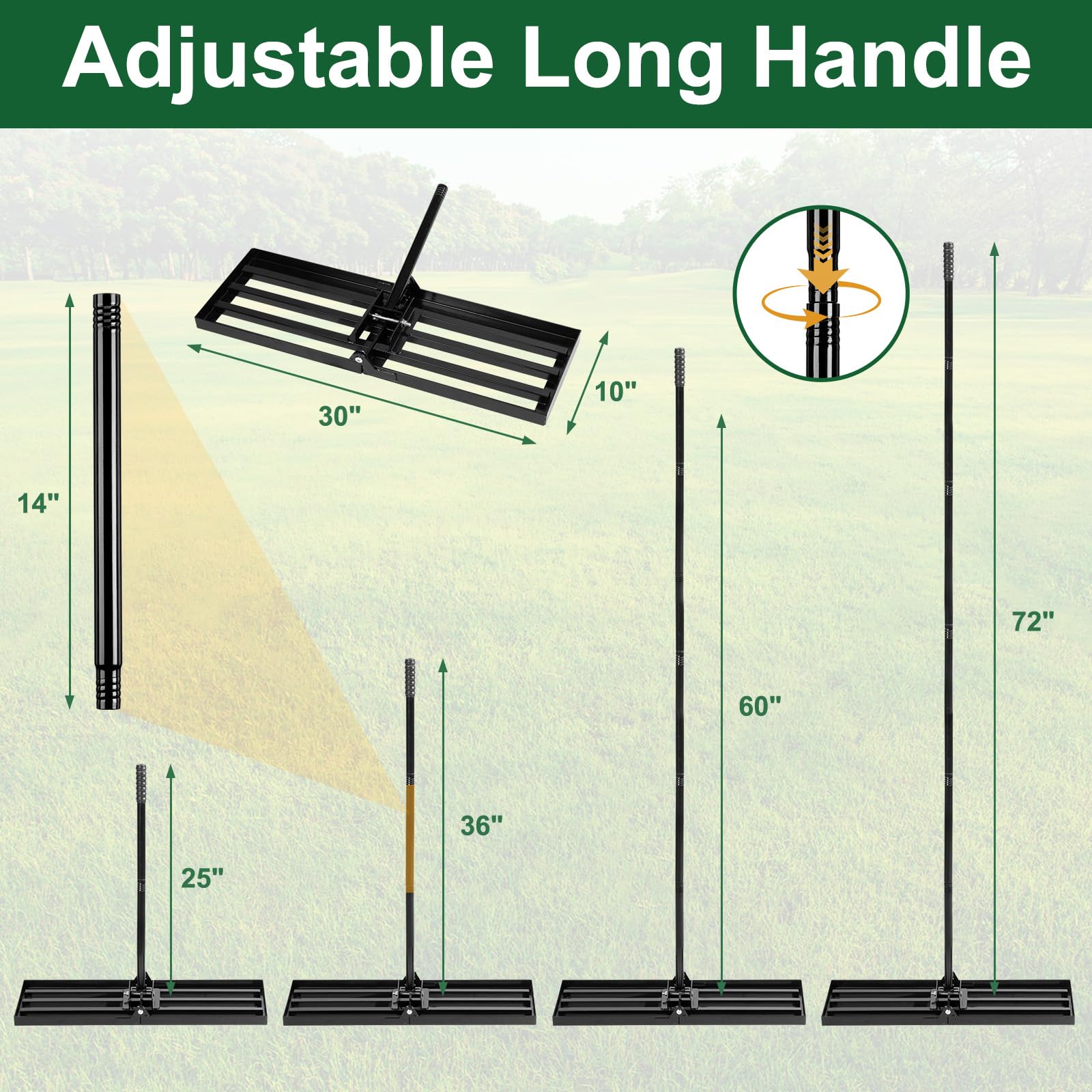 FrutPunch lawn leveling rake with a 72-inch adjustable handle for comfortable use.