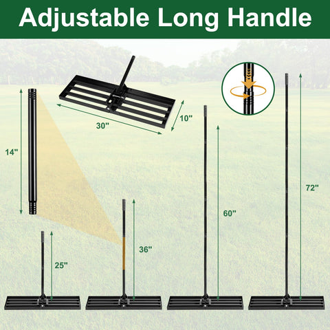 FrutPunch lawn leveling rake with a 72-inch adjustable handle for comfortable use.
