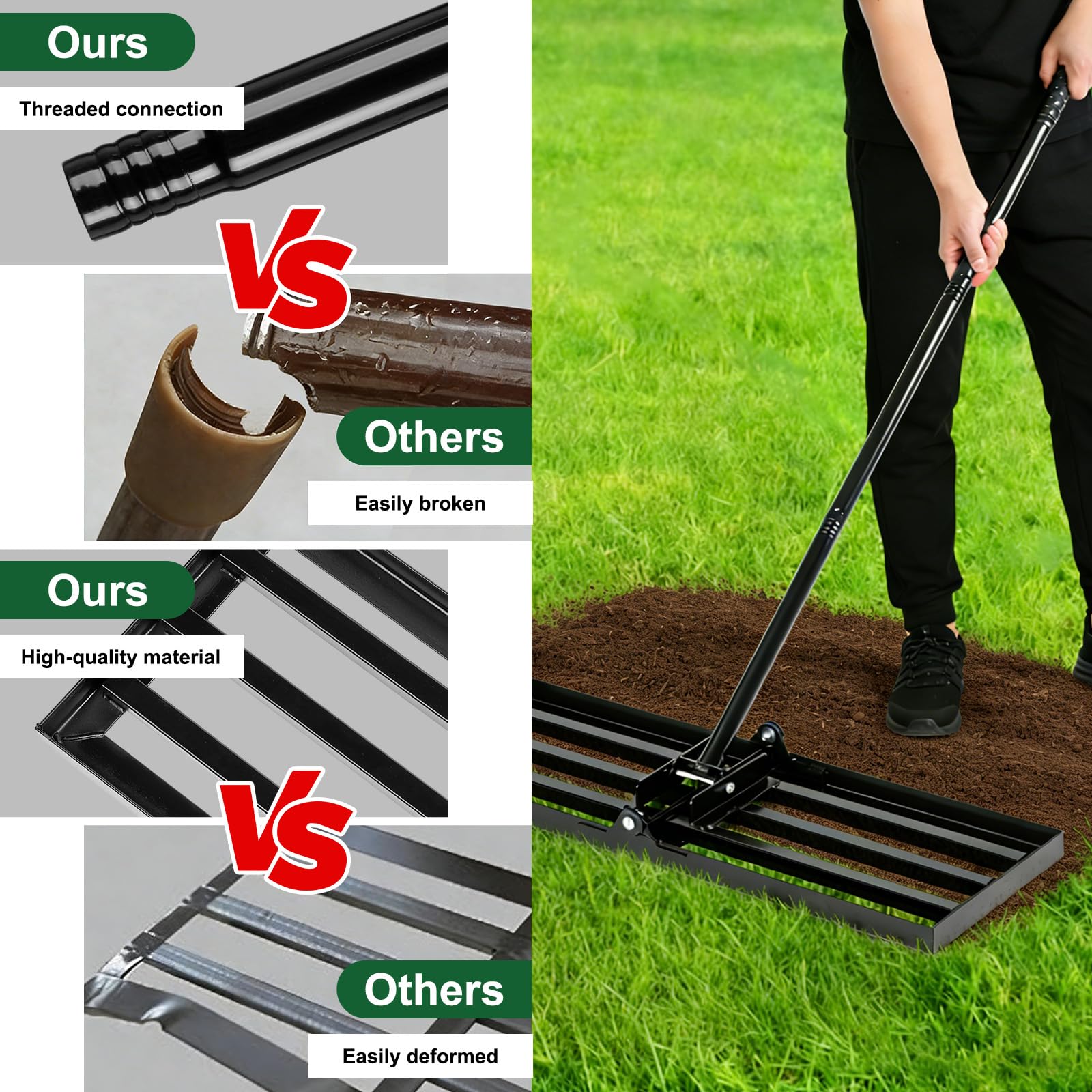 FrutPunch detachable metal rake head provides durable performance in varying soil conditions.