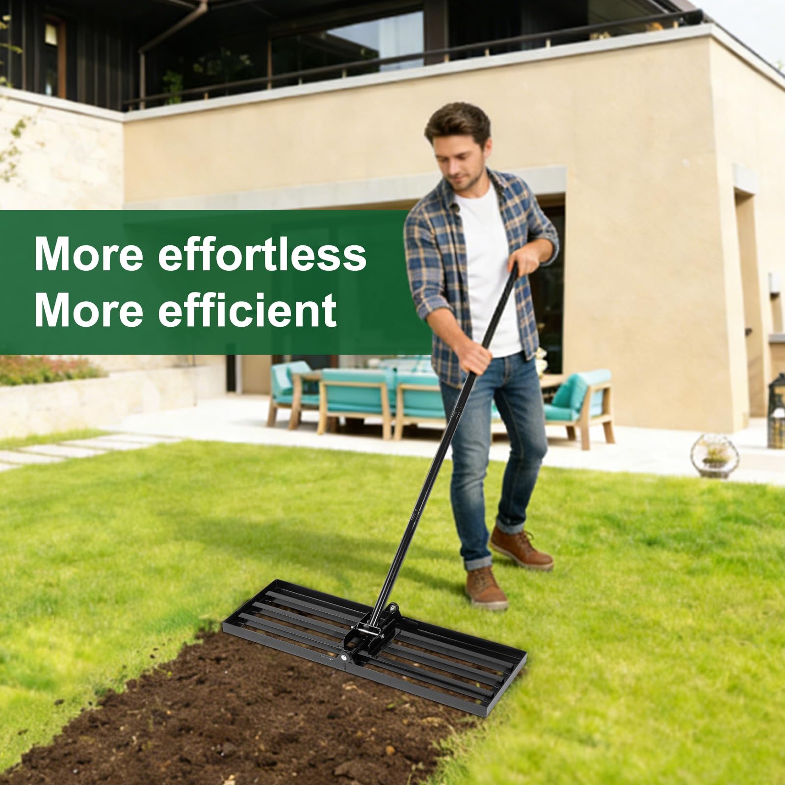FrutPunch easy-storage lawn leveling rake minimizes space and is ready for outdoor maintenance.
