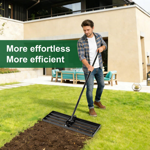 FrutPunch easy-storage lawn leveling rake minimizes space and is ready for outdoor maintenance.