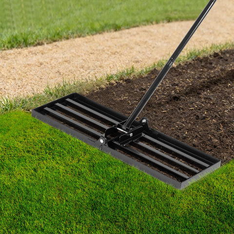 FrutPunch foldable design lawn leveling rake for easy storage and transport.