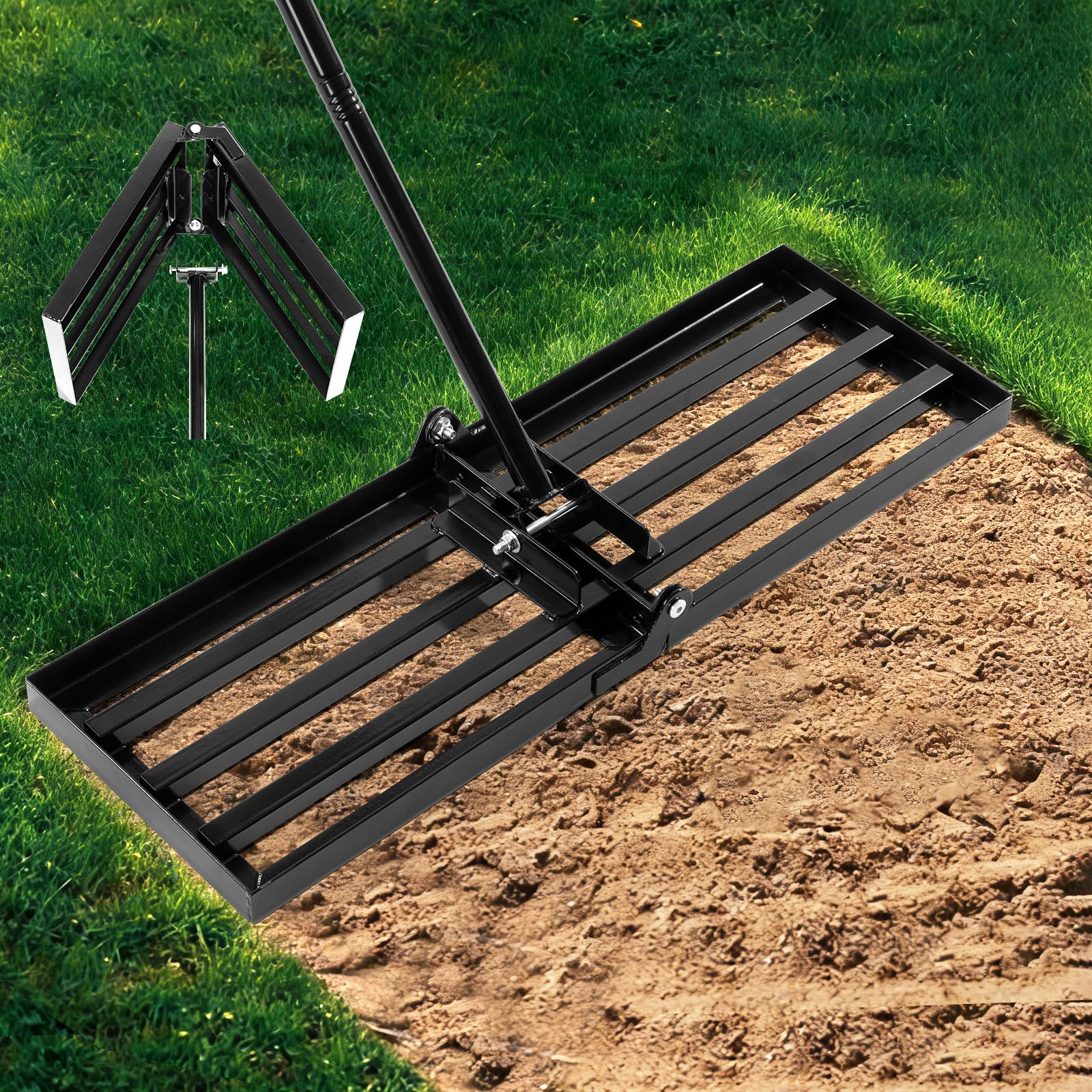FrutPunch lawn leveling rake with wide head for fast soil smoothing and even ground.