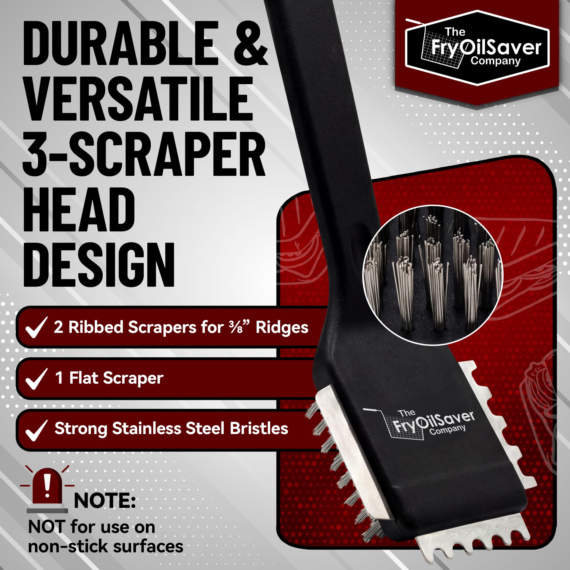 FryOilSaver stainless steel bristles remove burnt grease safely