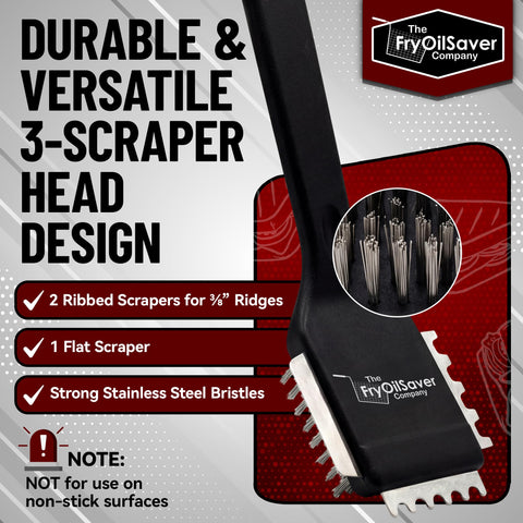 FryOilSaver stainless steel bristles remove burnt grease safely