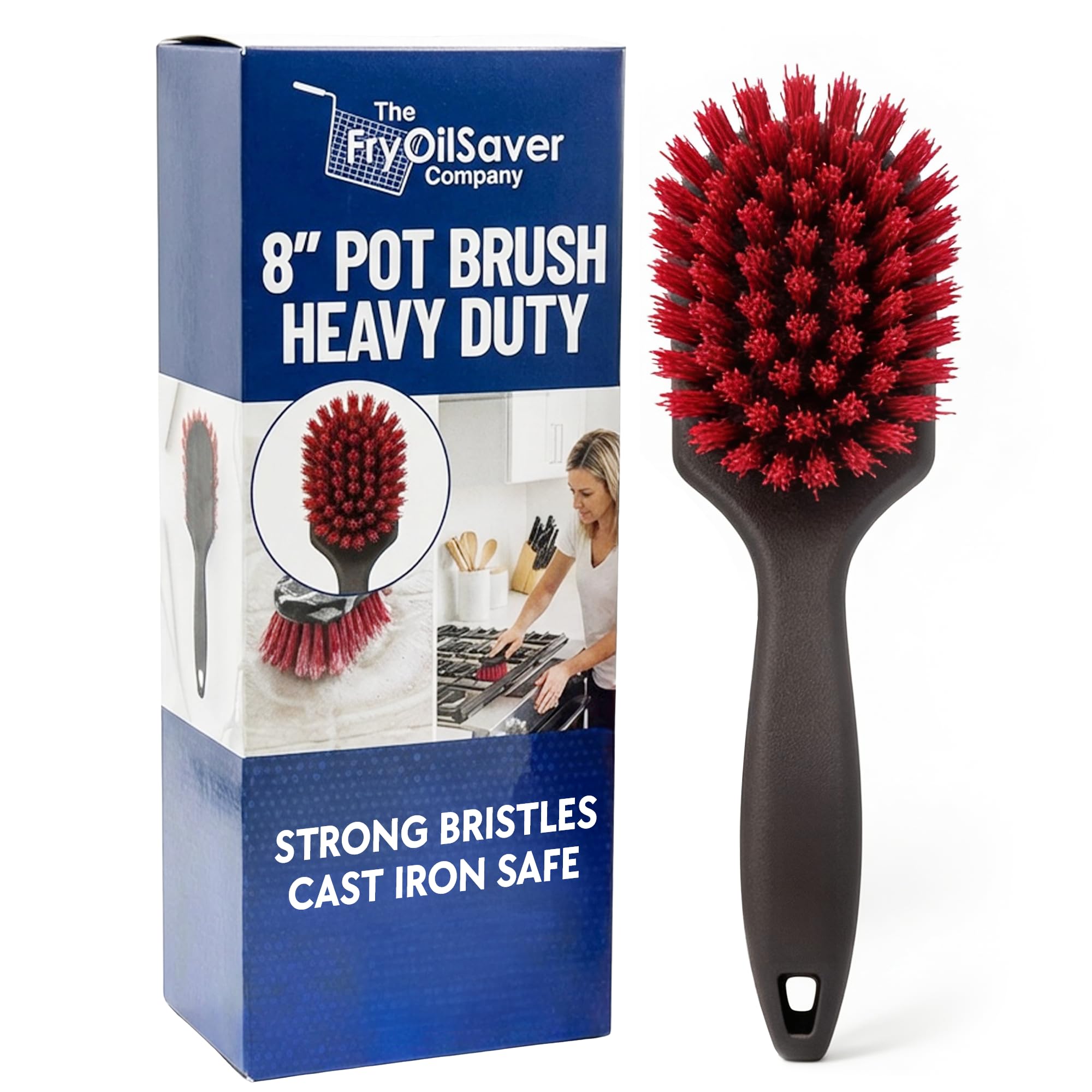 FryOilSaver Co 8inch-pot-dish-brush with stiff bristles for tough grime