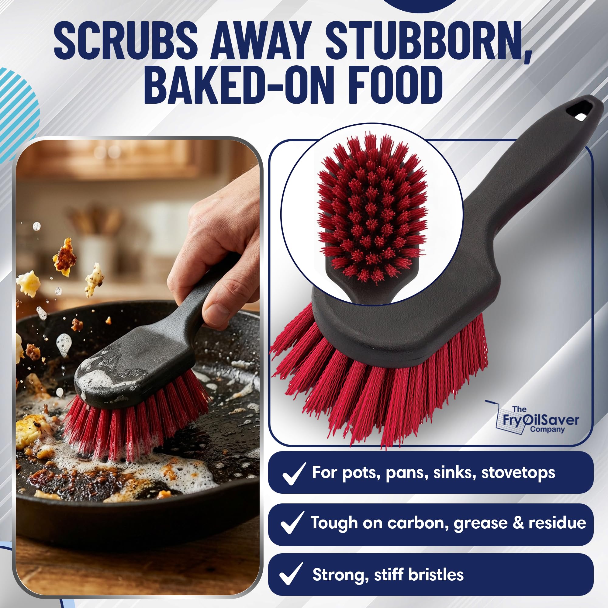 FryOilSaver Co stiff-bristles ideal for heavy-duty cleaning of baked-on residue