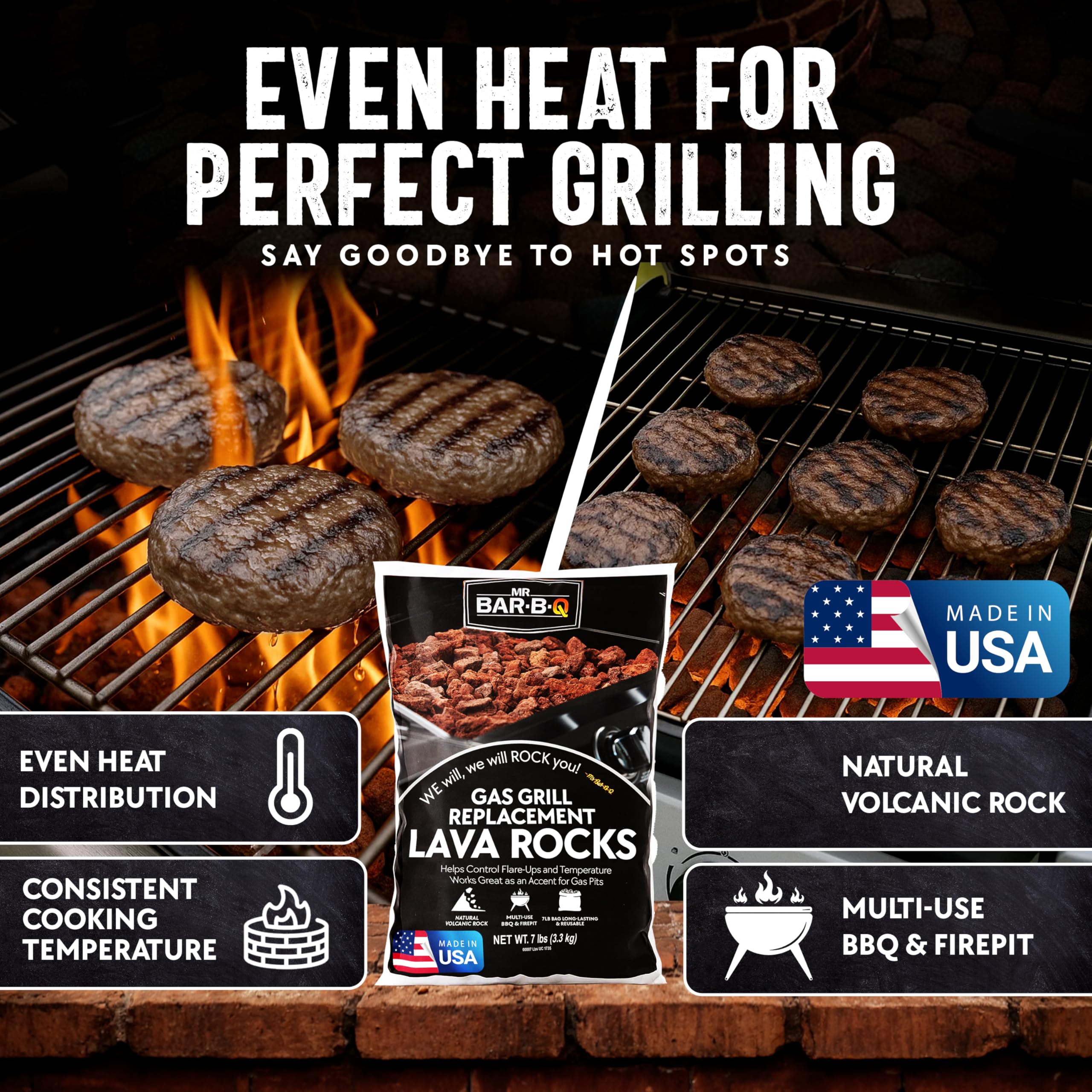 FryOilSaver lava rocks on grill surface reduce flare-ups while cooking evenly.