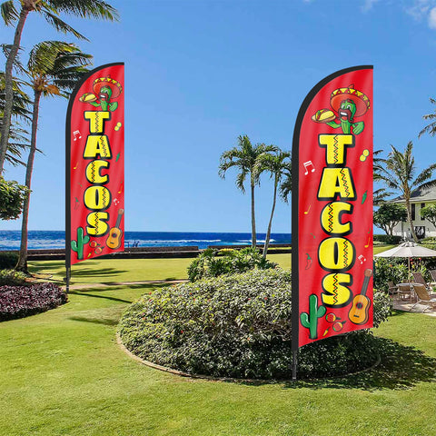 FSFLAG Tacos feather flag package includes pole, rods, and stake.