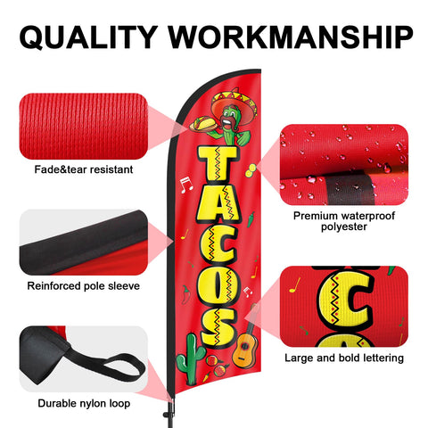 FSFLAG Tacos feather flag wind-sway in breeze for dynamic storefront appeal.