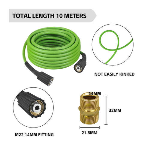 FSQLB 35 ft hose with M22/14 fittings close-up shows secure attachment.