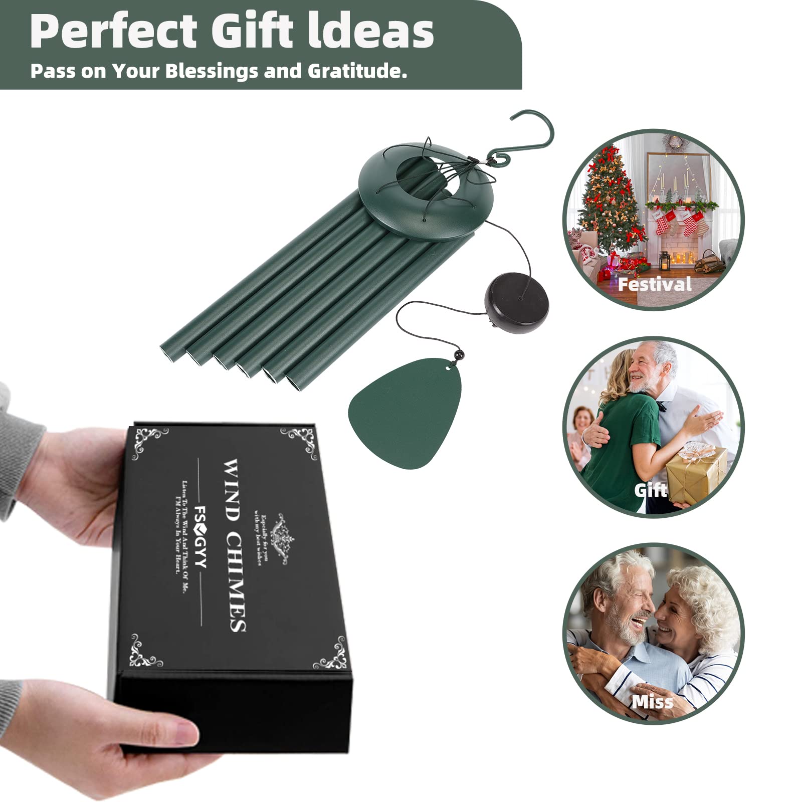 FSVGYY windchimes forest green nylon cord detail suggests durable, weather-resistant design