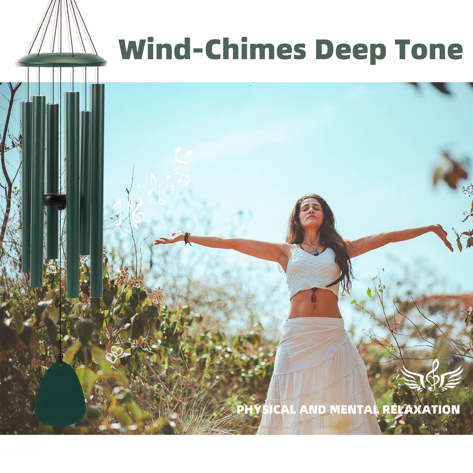 FSVGYY windchimes forest green pentatonic tuning close-up emphasizes precise melodic scale