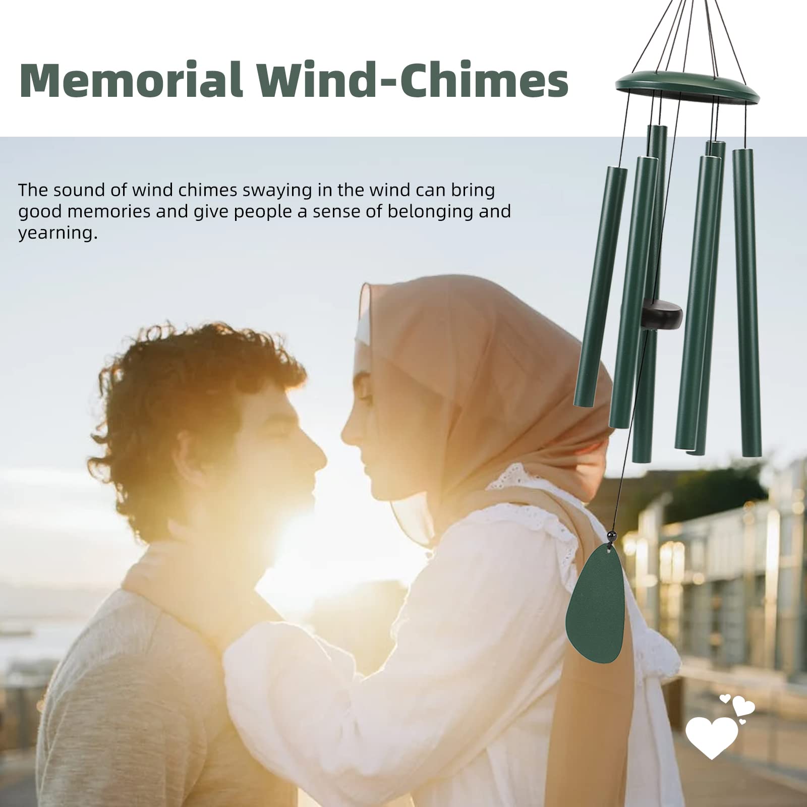 FSVGYY windchimes forest green tubes close-up highlights tuned, resonant aluminum tubes