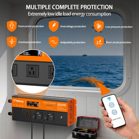 FT Feiteeng 3000W inverter LCD display shows real-time voltage and power levels