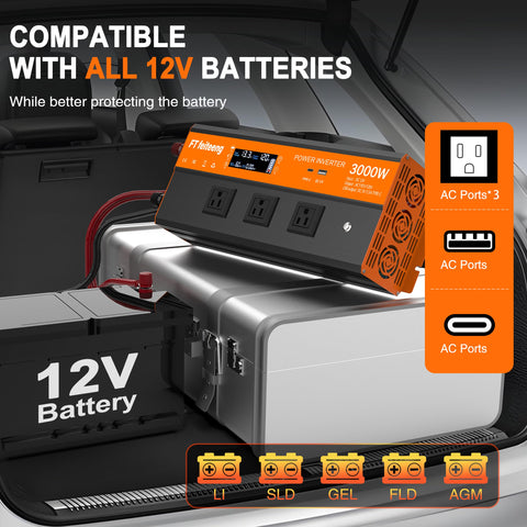FT Feiteeng inverter with 3 AC outlets, USB and Type-C for versatile charging