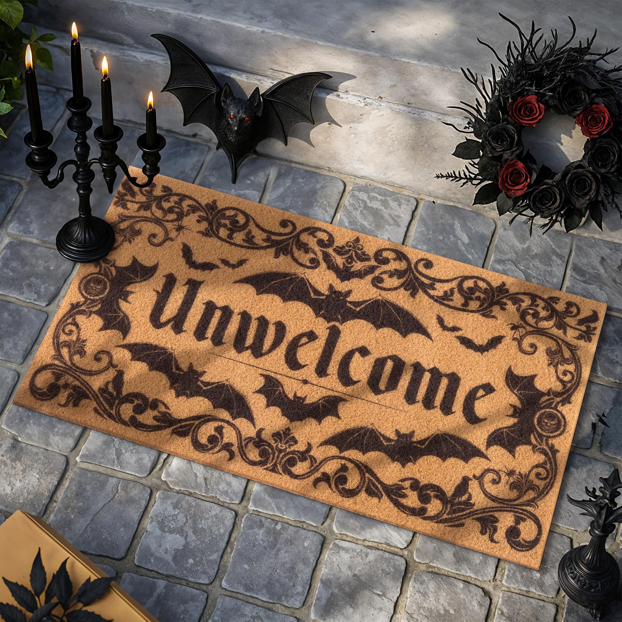 Fttoyoly Bat-centered Gothic doormat welcomes guests with moody charm.