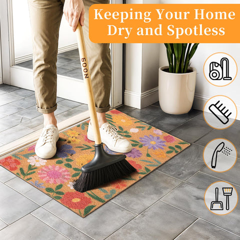 Fttoyoly floral-pattern door mat features vibrant design with low-maintenance care.