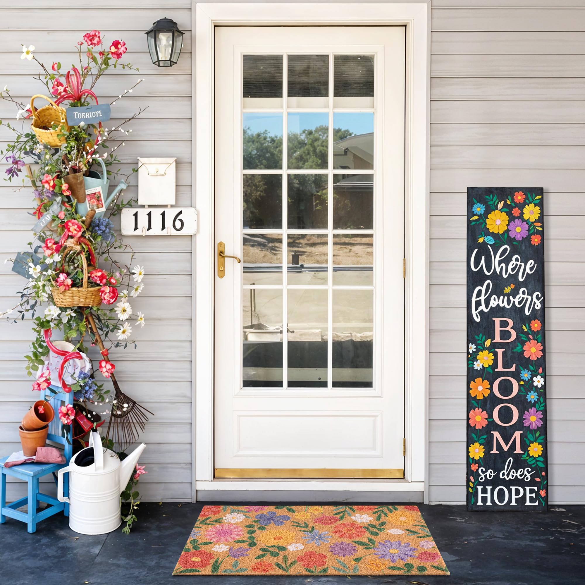 Fttoyoly front-porch door mat presents lively floral scene for a welcoming season.