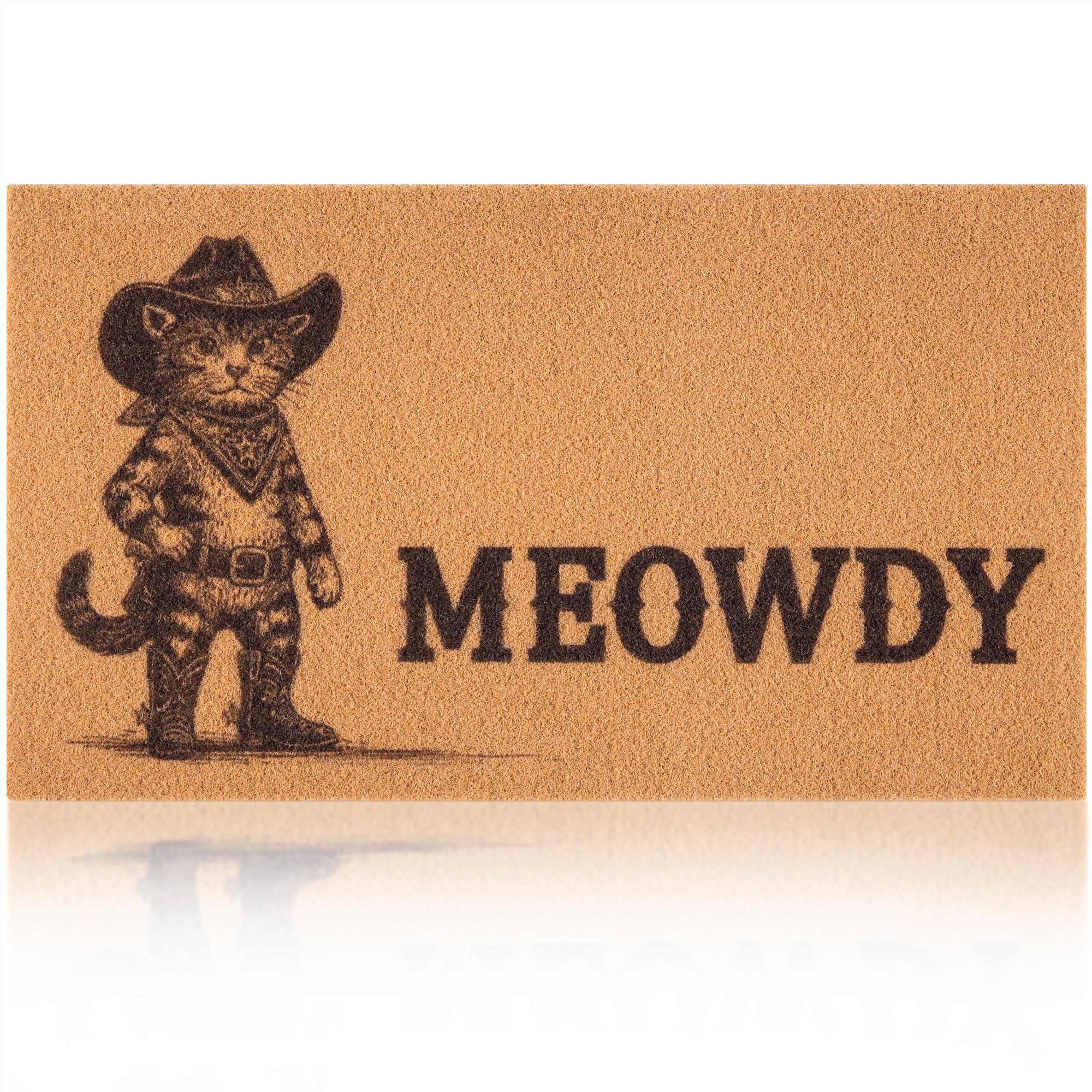 Fttoyoly funny cowboy cat doormat welcomes guests with a witty Meowdy greeting.