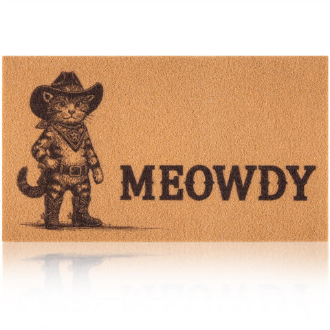Fttoyoly funny cowboy cat doormat welcomes guests with a witty Meowdy greeting.