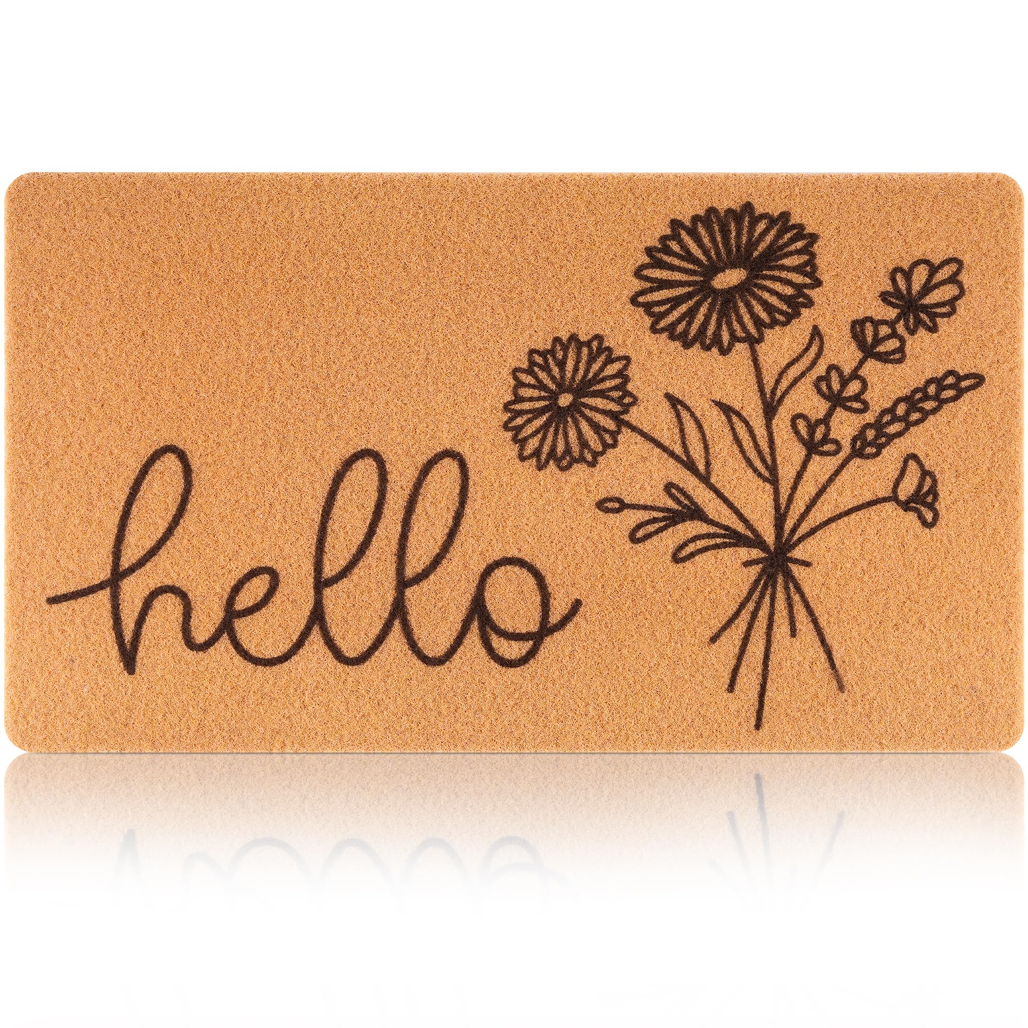 Fttoyoly Hello Spring door mat in brown with floral design welcomes guests at the entry.