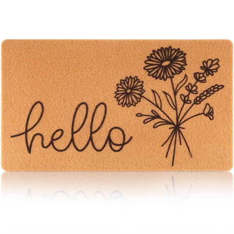 Fttoyoly Hello Spring door mat in brown with floral design welcomes guests at the entry.