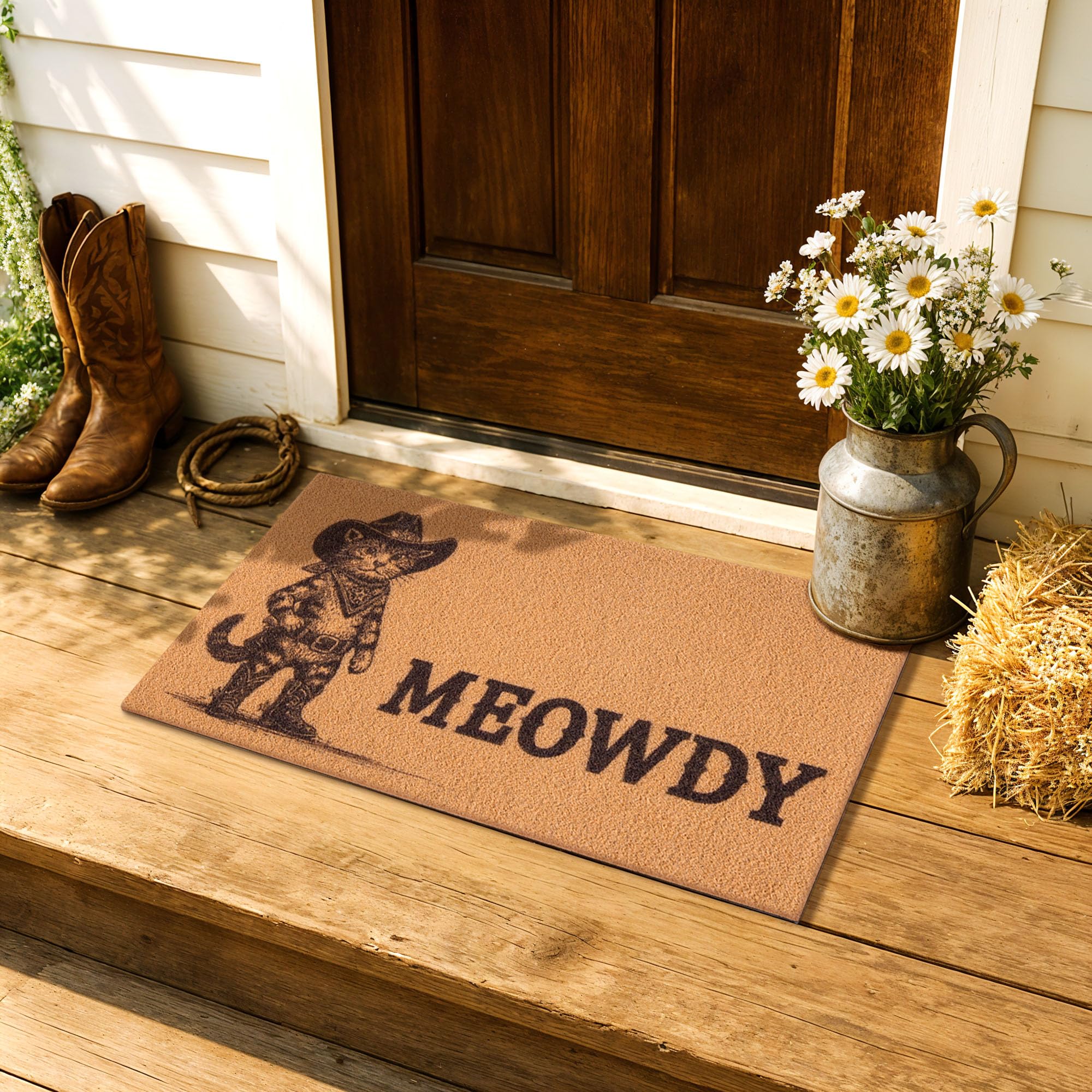 Fttoyoly meowdy design adds rustic charm while greeting guests.