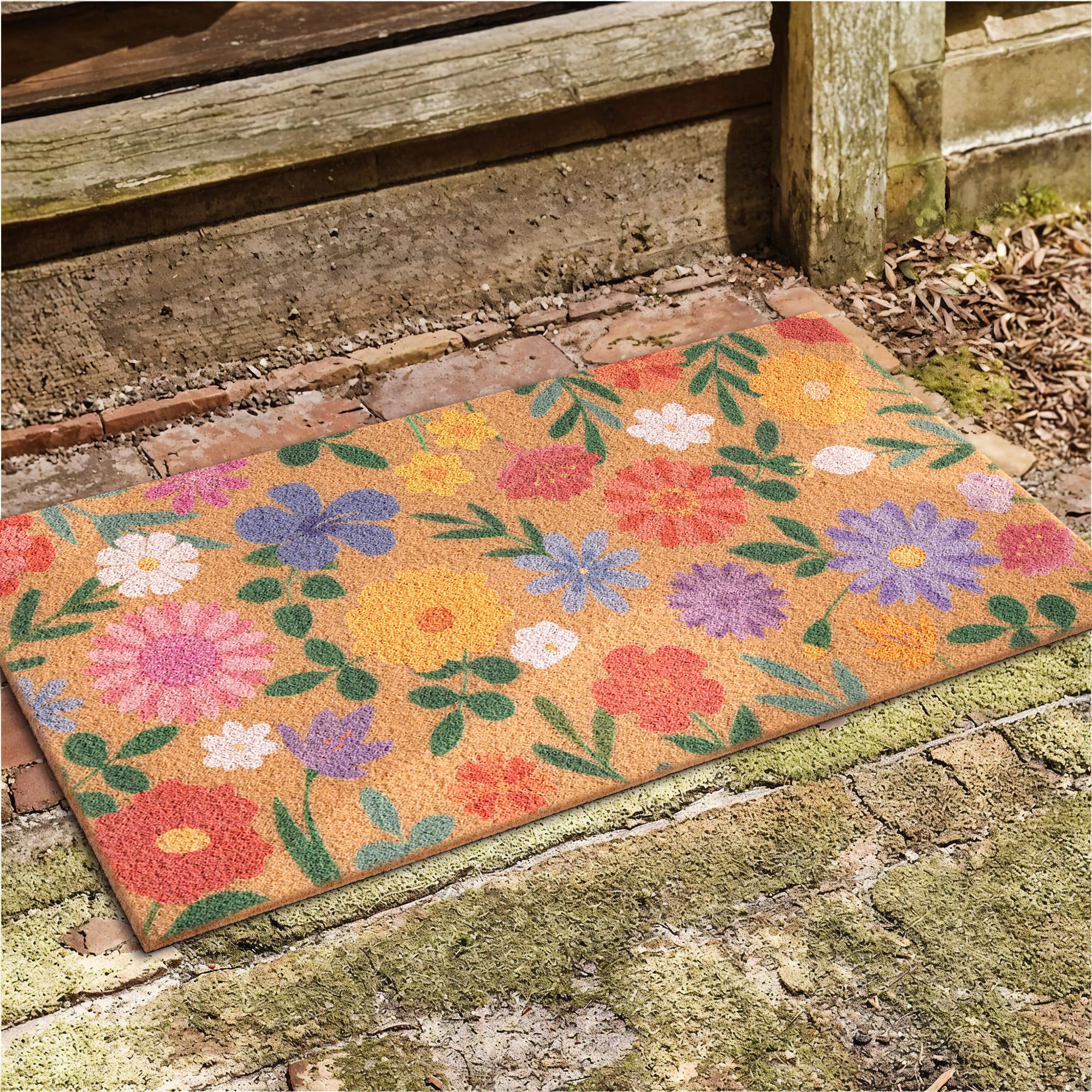 Fttoyoly spring color mat helps scrape dry dirt from shoes before entering.