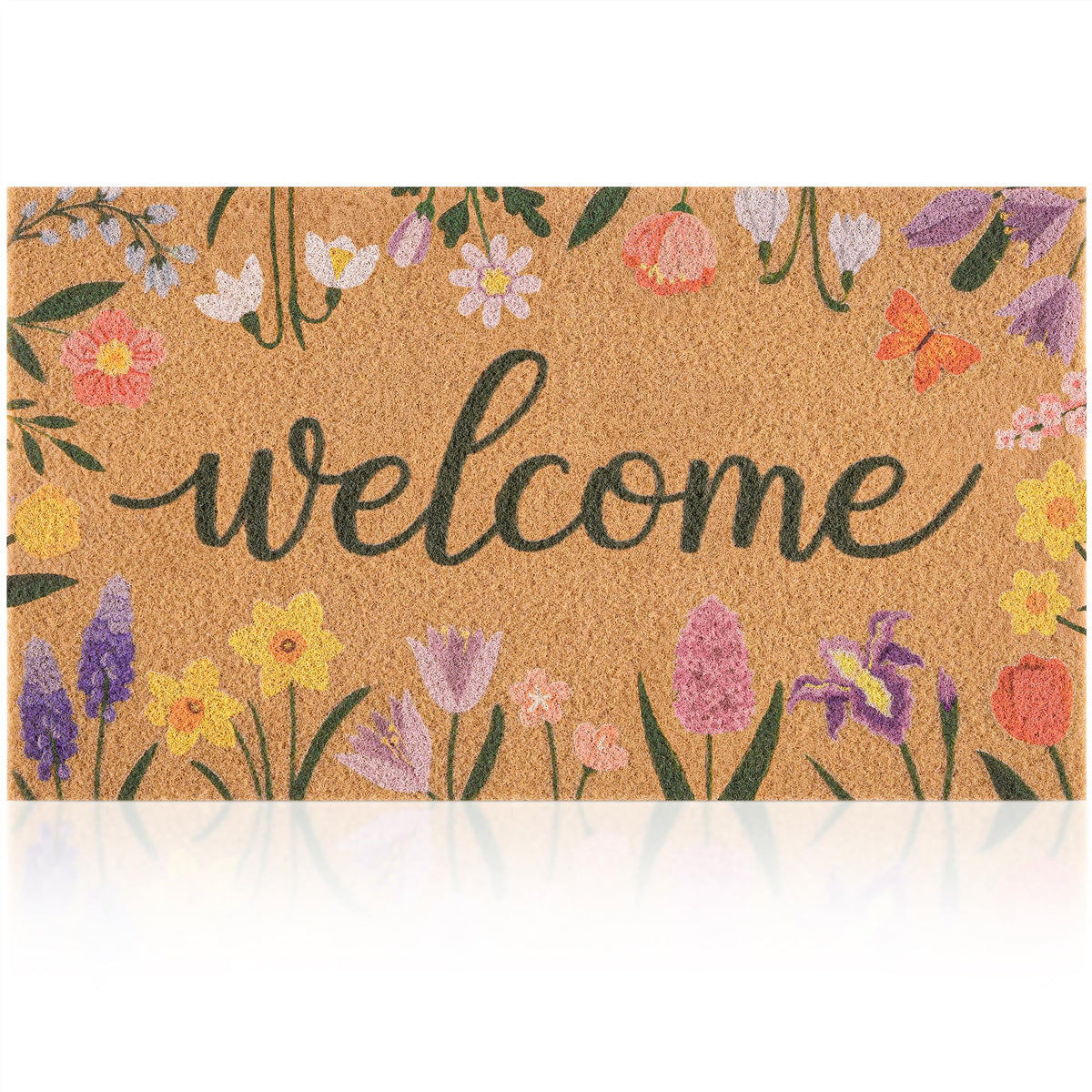 Fttoyoly spring door mat with wildflowers border welcomes guests at the front door.