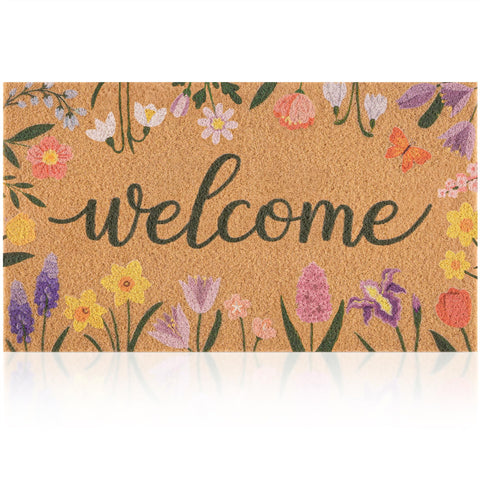 Fttoyoly spring door mat with wildflowers border welcomes guests at the front door.