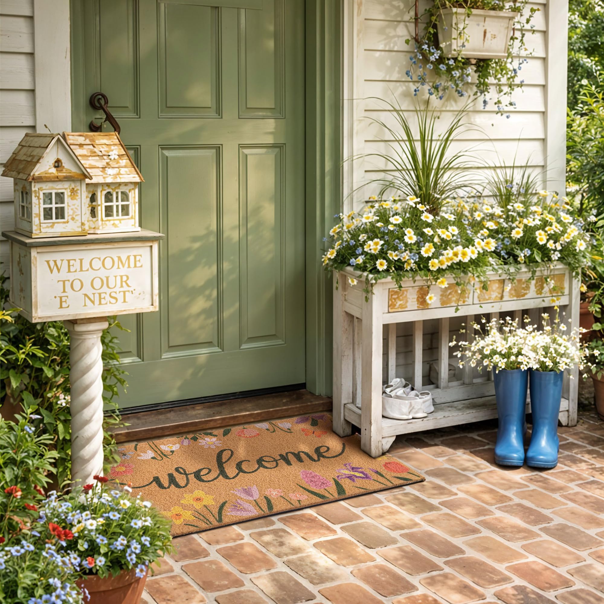 Fttoyoly welcome-script floral mat highlights a cheerful entryway design.