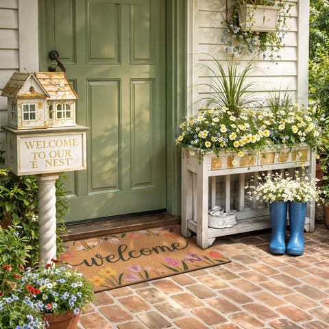 Fttoyoly welcome-script floral mat highlights a cheerful entryway design.