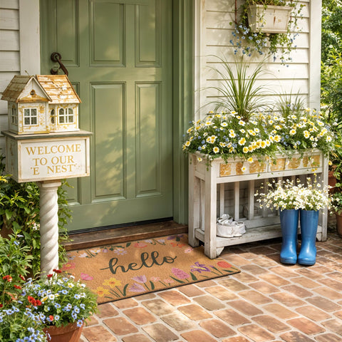 fttoyoly welcome script mat at entry adds seasonal charm and easy care