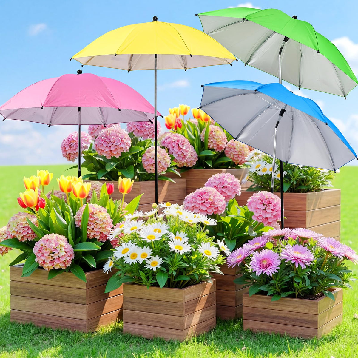 FuBegi garden umbrella shields potted plants from intense sun.