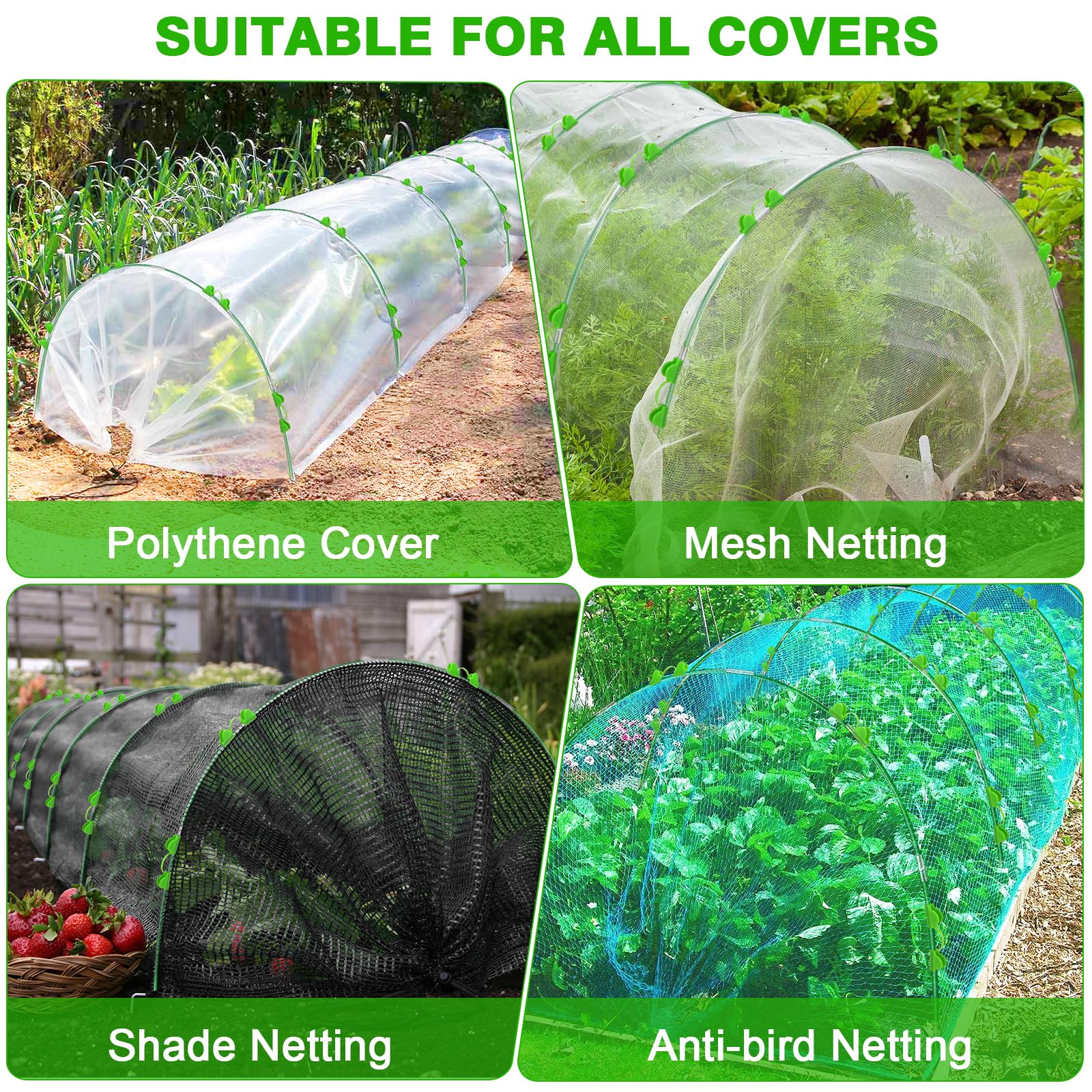 FuBegi row cover clips help fasten protection over plants for easy setup.