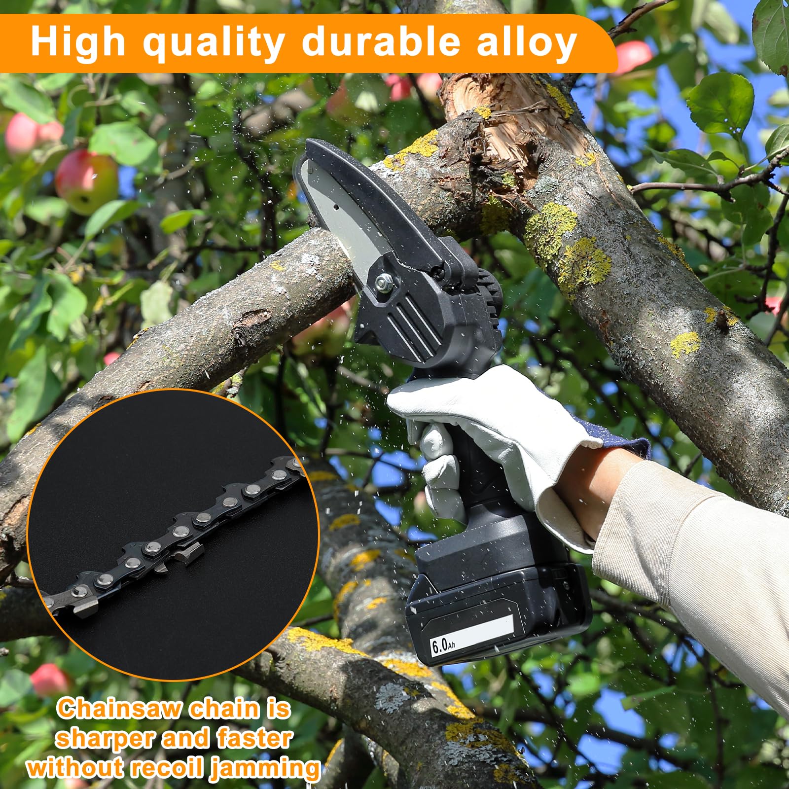 Fucokt mini chainsaw in use for efficient tree and wood cutting.