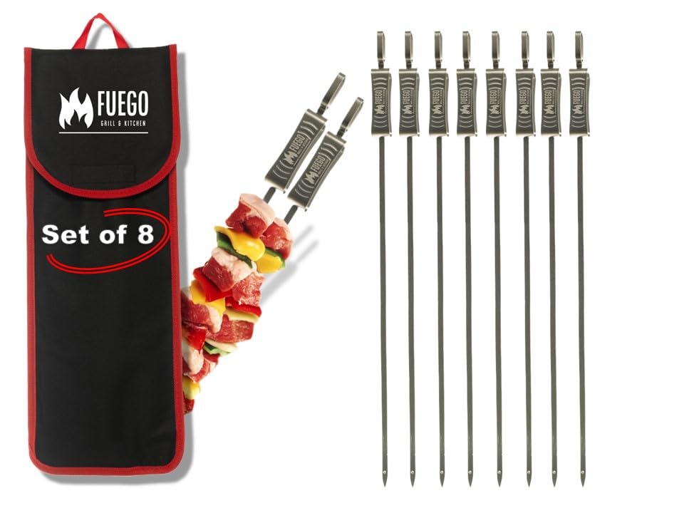 Fuego Skewers 17in flat blade for even grilling and secure food.