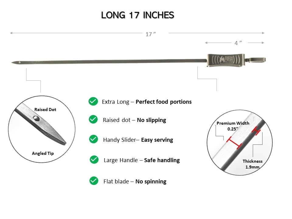 Fuego Skewers made of 304 stainless steel resist rust for durability.