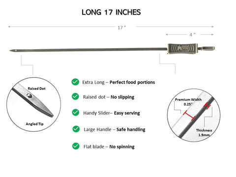 Fuego Skewers made of 304 stainless steel resist rust for durability.
